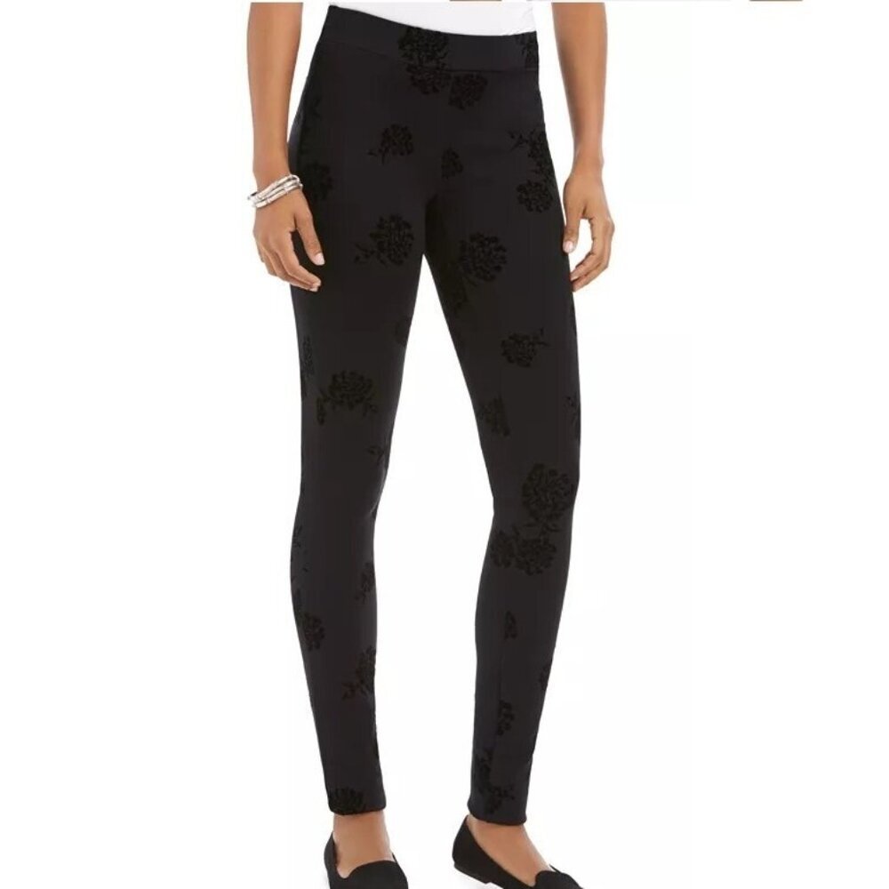2/$30 Style & Co. Floral Flocked Ponte Knit Leggings High Rise Deep Black #A1698